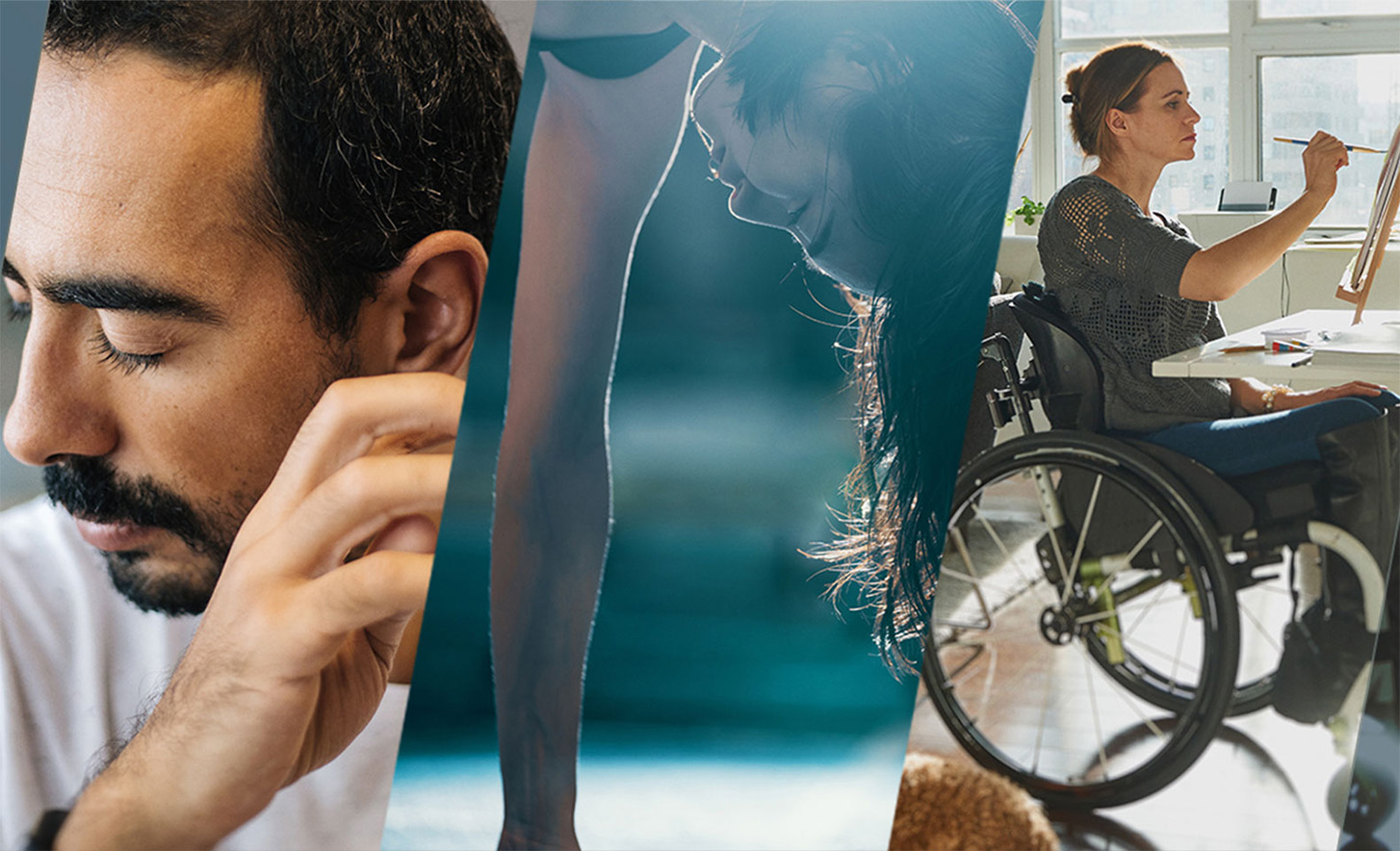 Trzy połączone zdjęcia przedstawiające osobę z zamkniętymi oczami, osobę stojącą na rękach i osobę na wózku inwalidzkim, która maluje na płótnie.