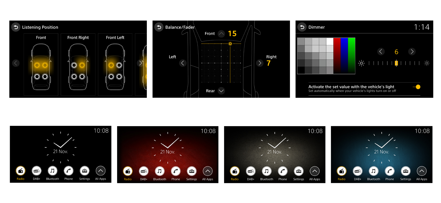 Zdjęcie wielu interfejsów ekranowych i ich ustawień dla radia samochodowego XAV-9550ES
